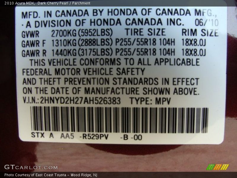 Dark Cherry Pearl / Parchment 2010 Acura MDX