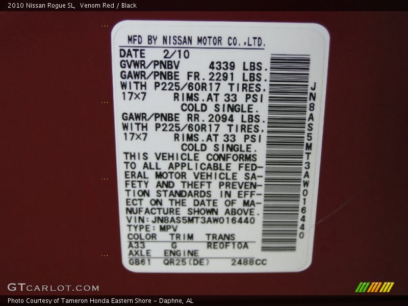 2010 Rogue SL Venom Red Color Code A33