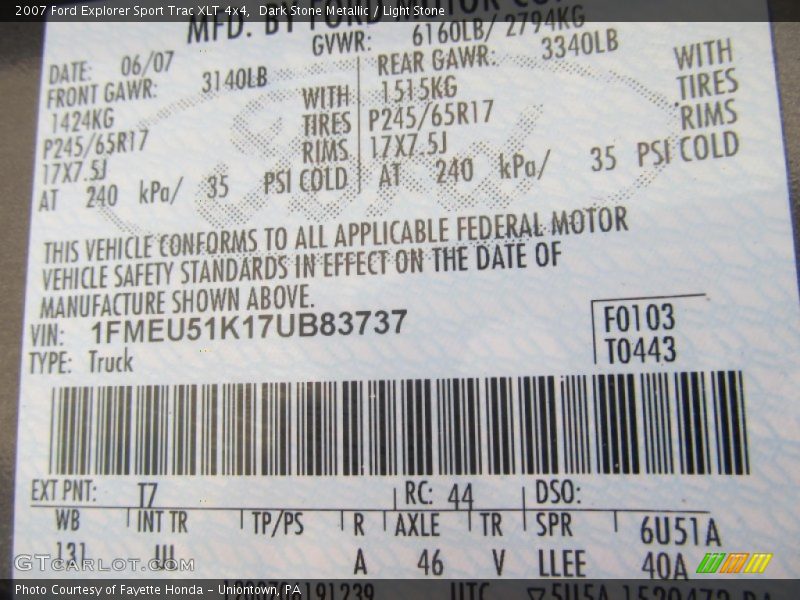 2007 Explorer Sport Trac XLT 4x4 Dark Stone Metallic Color Code T7