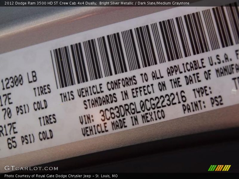 Bright Silver Metallic / Dark Slate/Medium Graystone 2012 Dodge Ram 3500 HD ST Crew Cab 4x4 Dually