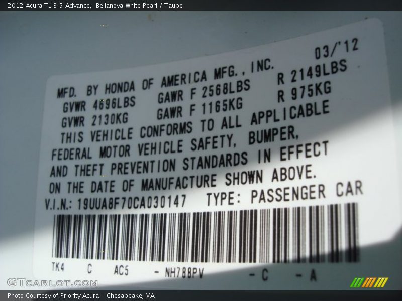 Bellanova White Pearl / Taupe 2012 Acura TL 3.5 Advance