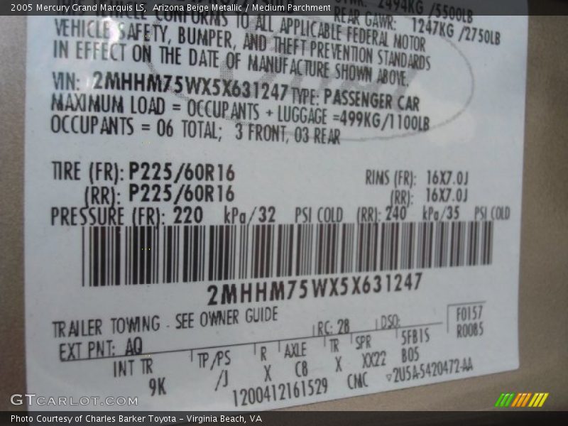 Arizona Beige Metallic / Medium Parchment 2005 Mercury Grand Marquis LS