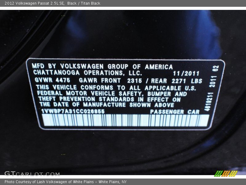 Black / Titan Black 2012 Volkswagen Passat 2.5L SE