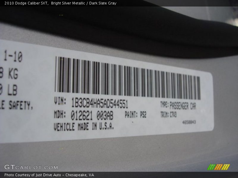 Bright Silver Metallic / Dark Slate Gray 2010 Dodge Caliber SXT