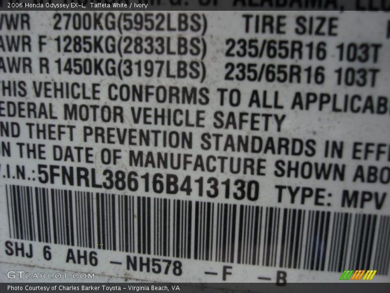 Taffeta White / Ivory 2006 Honda Odyssey EX-L