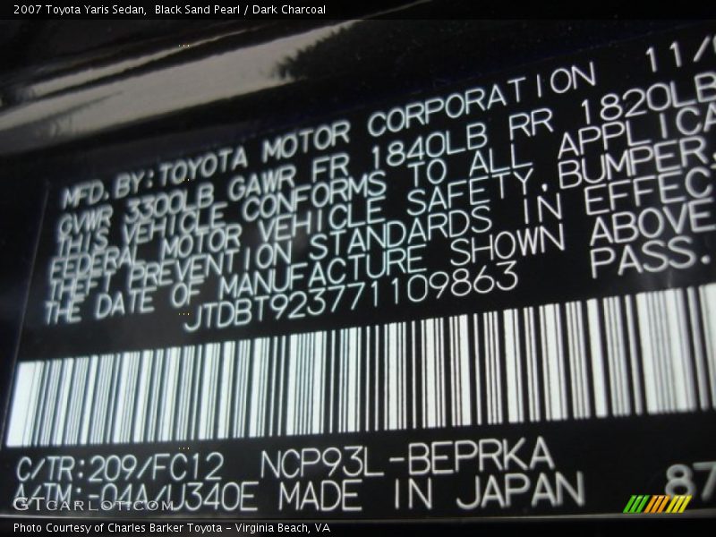 Black Sand Pearl / Dark Charcoal 2007 Toyota Yaris Sedan