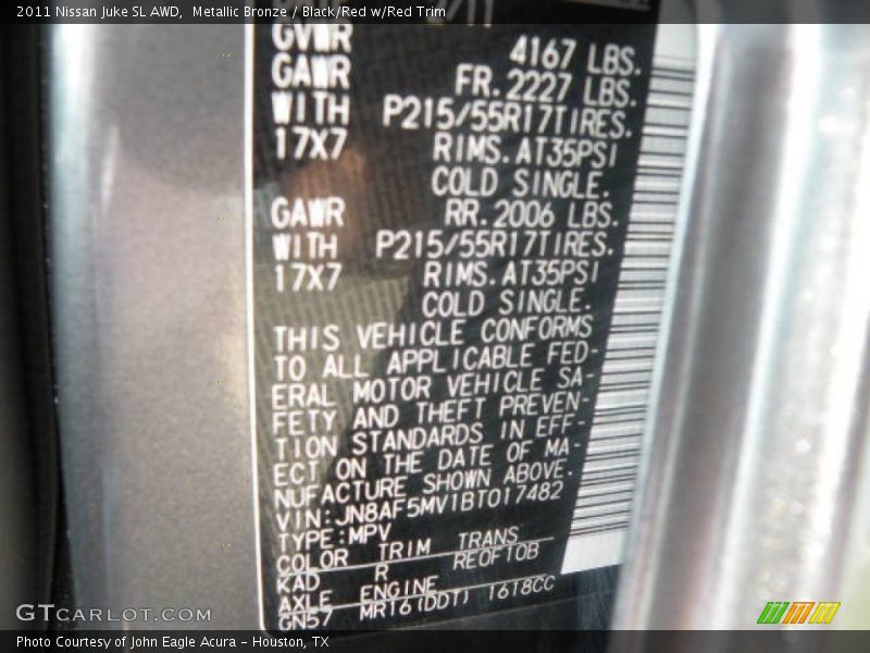 Metallic Bronze / Black/Red w/Red Trim 2011 Nissan Juke SL AWD