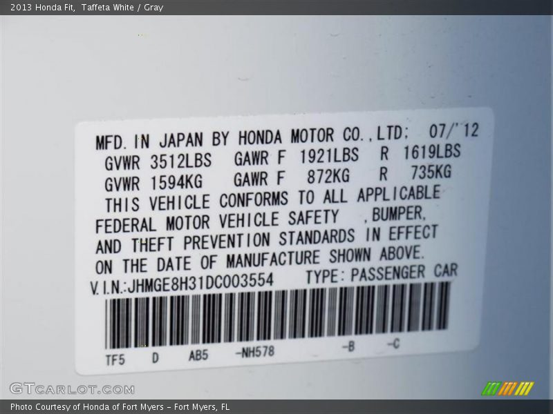 Taffeta White / Gray 2013 Honda Fit