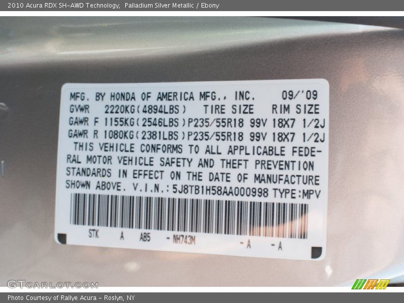 Palladium Silver Metallic / Ebony 2010 Acura RDX SH-AWD Technology