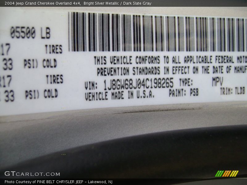 Bright Silver Metallic / Dark Slate Gray 2004 Jeep Grand Cherokee Overland 4x4