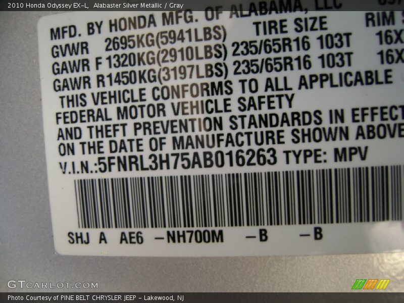 Alabaster Silver Metallic / Gray 2010 Honda Odyssey EX-L