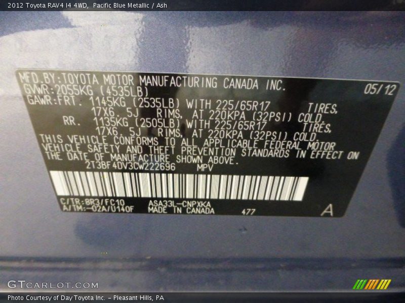 Pacific Blue Metallic / Ash 2012 Toyota RAV4 I4 4WD