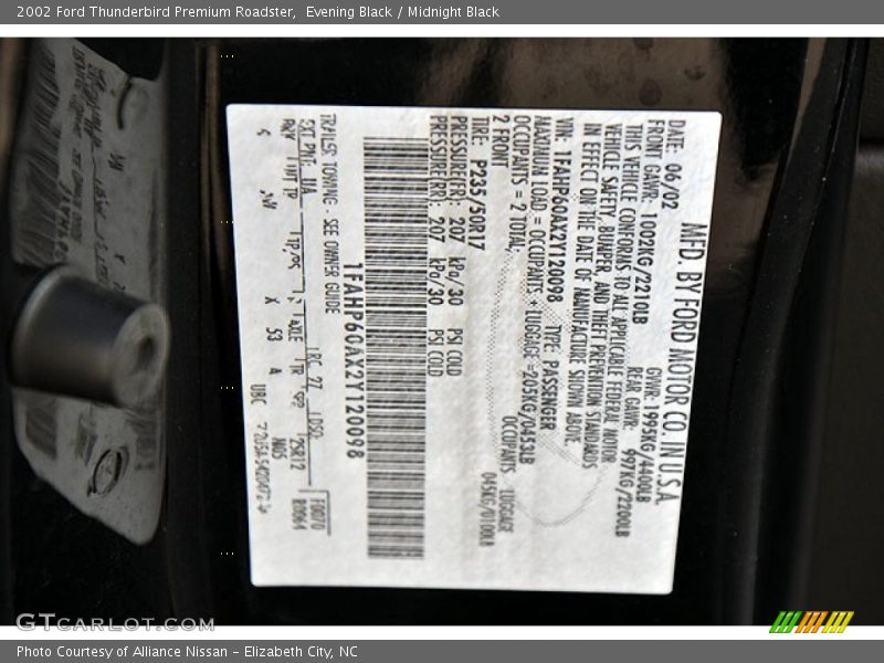 Evening Black / Midnight Black 2002 Ford Thunderbird Premium Roadster