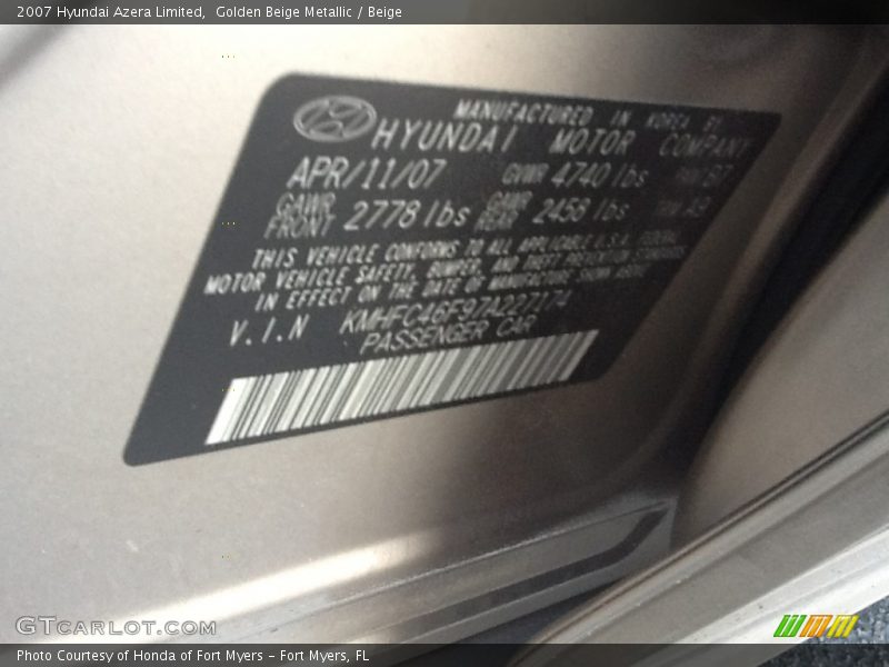 Golden Beige Metallic / Beige 2007 Hyundai Azera Limited