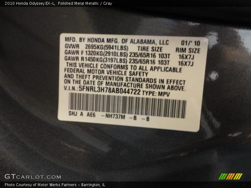 Polished Metal Metallic / Gray 2010 Honda Odyssey EX-L
