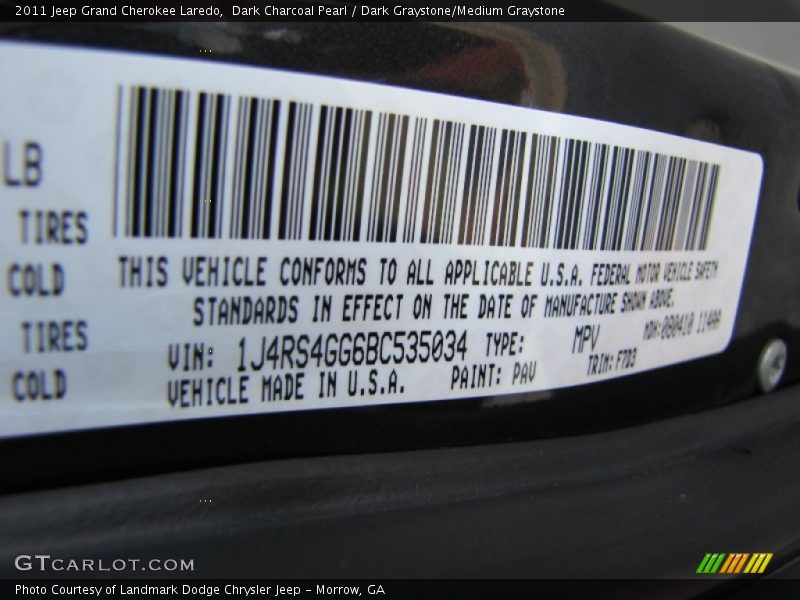 Dark Charcoal Pearl / Dark Graystone/Medium Graystone 2011 Jeep Grand Cherokee Laredo