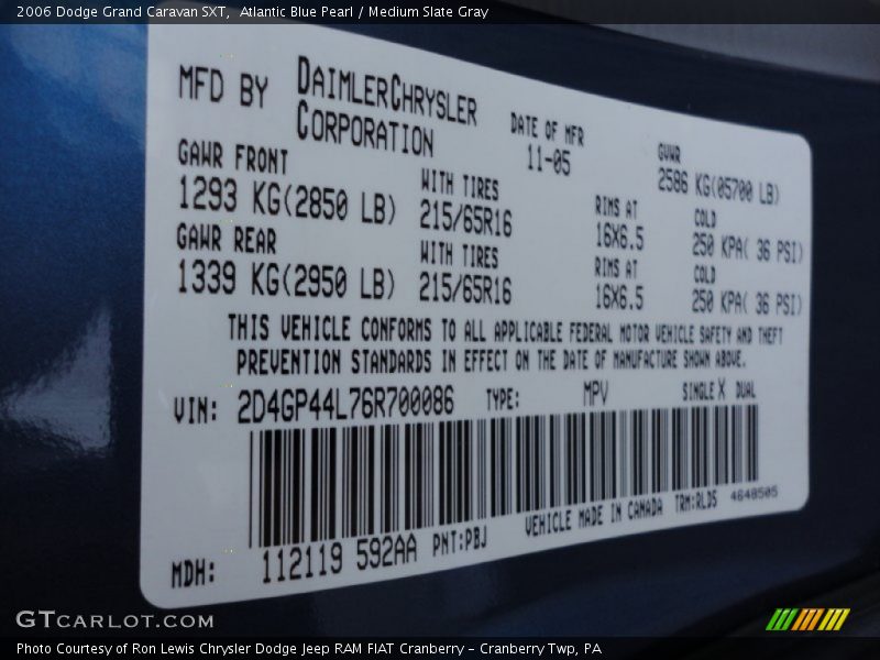 2006 Grand Caravan SXT Atlantic Blue Pearl Color Code PBJ