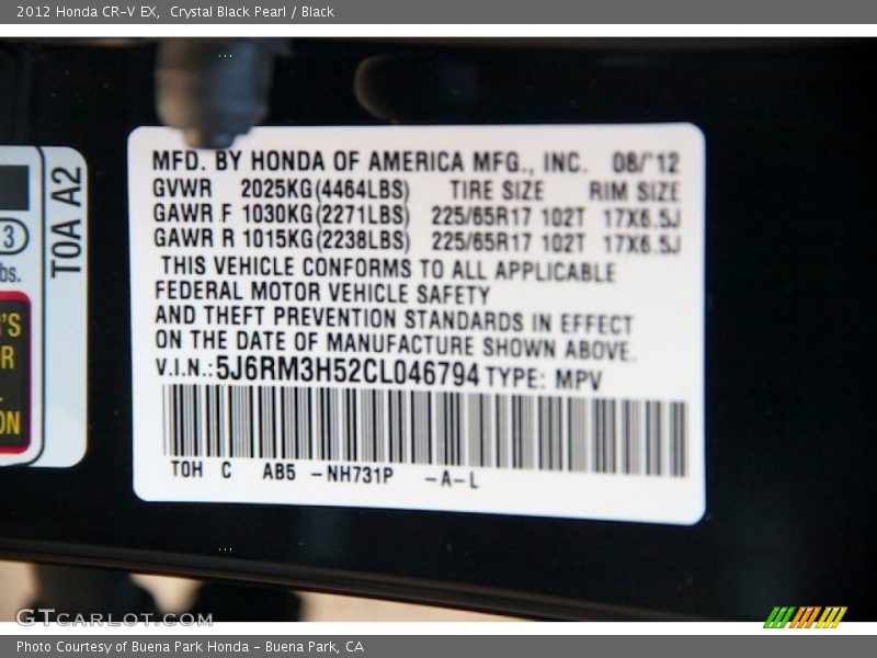 Crystal Black Pearl / Black 2012 Honda CR-V EX