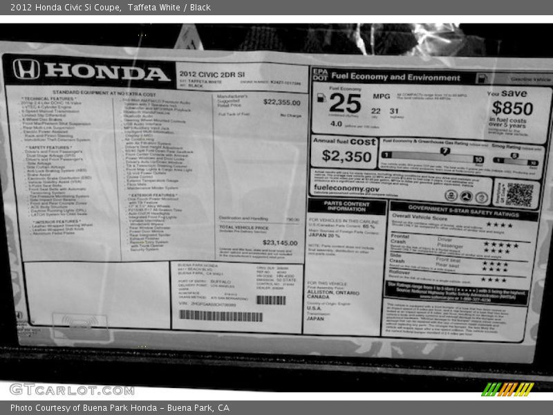 Taffeta White / Black 2012 Honda Civic Si Coupe
