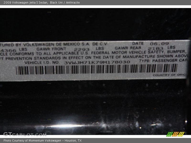 Black Uni / Anthracite 2009 Volkswagen Jetta S Sedan
