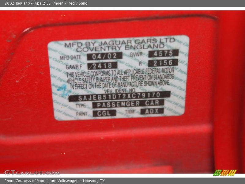 2002 X-Type 2.5 Phoenix Red Color Code CGL