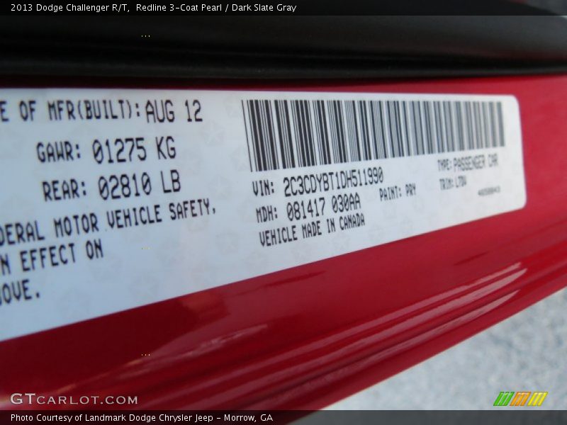 2013 Challenger R/T Redline 3-Coat Pearl Color Code PRY