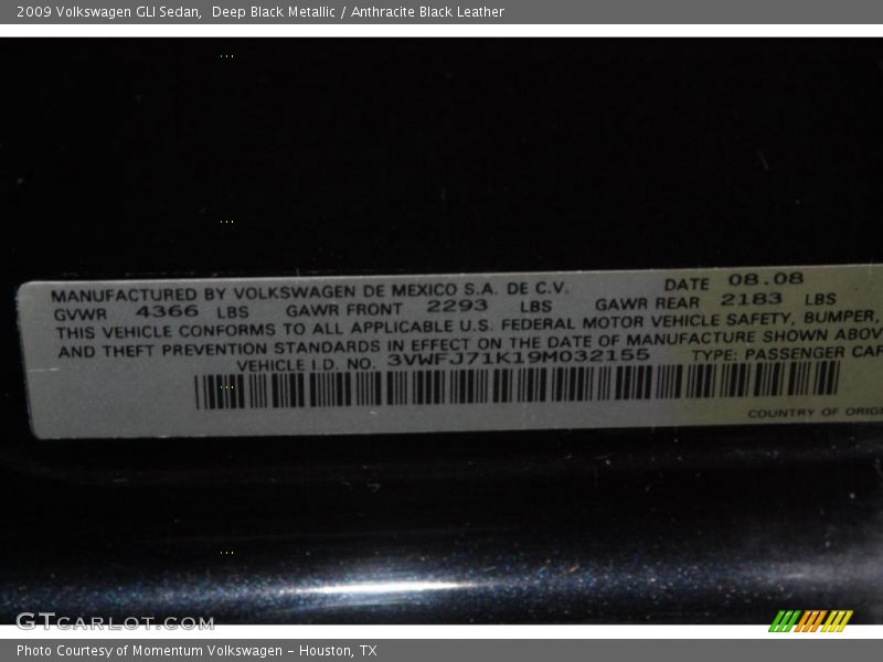 Deep Black Metallic / Anthracite Black Leather 2009 Volkswagen GLI Sedan