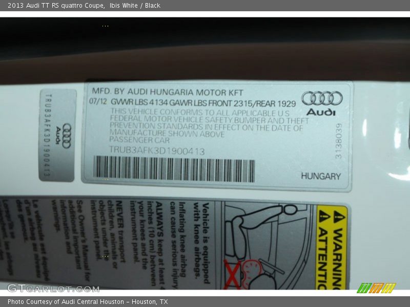 Info Tag of 2013 TT RS quattro Coupe