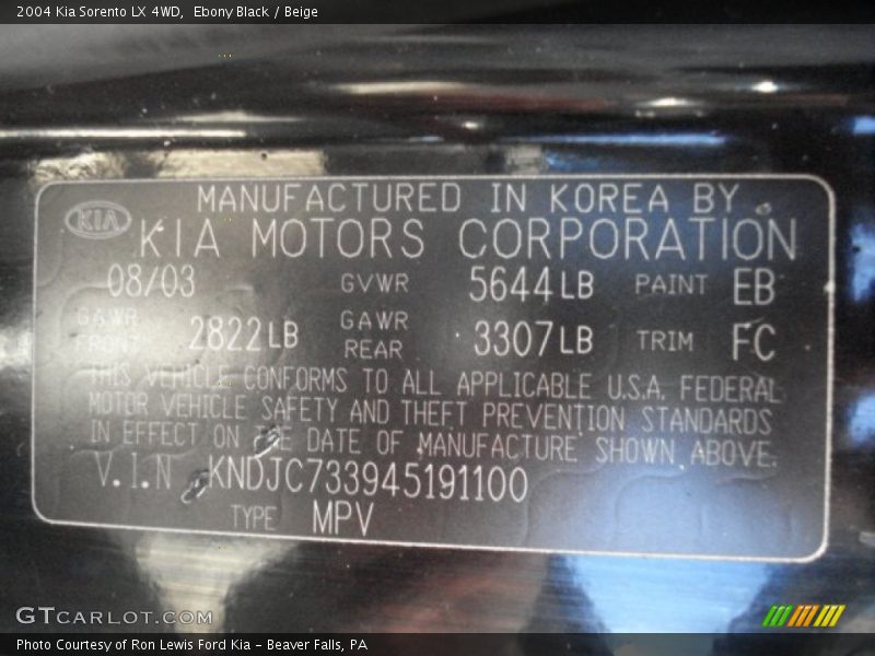 Ebony Black / Beige 2004 Kia Sorento LX 4WD