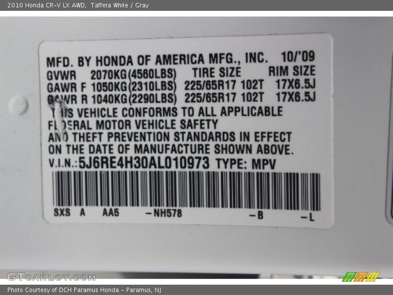 Taffeta White / Gray 2010 Honda CR-V LX AWD
