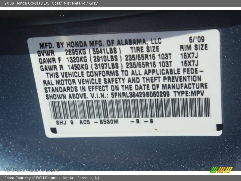 Ocean Mist Metallic / Gray 2009 Honda Odyssey EX
