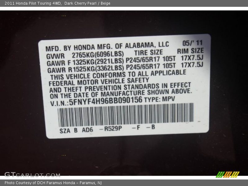 Dark Cherry Pearl / Beige 2011 Honda Pilot Touring 4WD