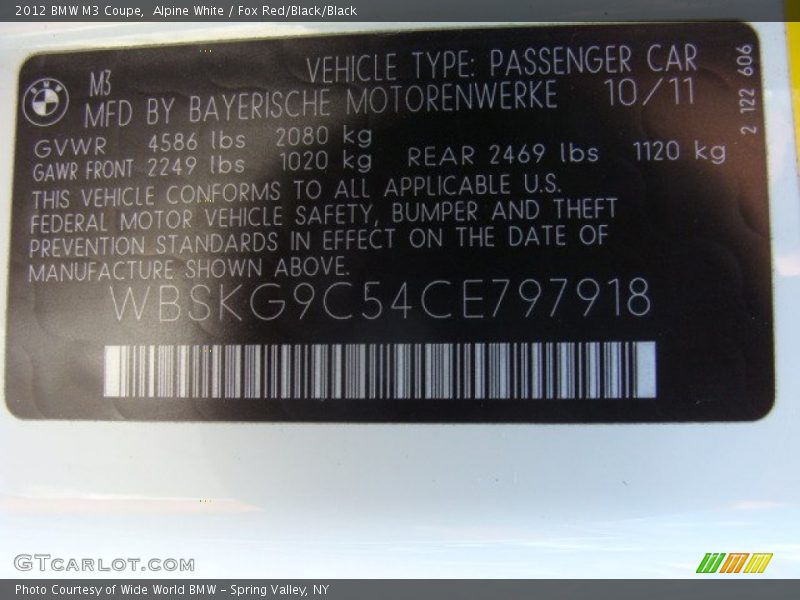 Alpine White / Fox Red/Black/Black 2012 BMW M3 Coupe