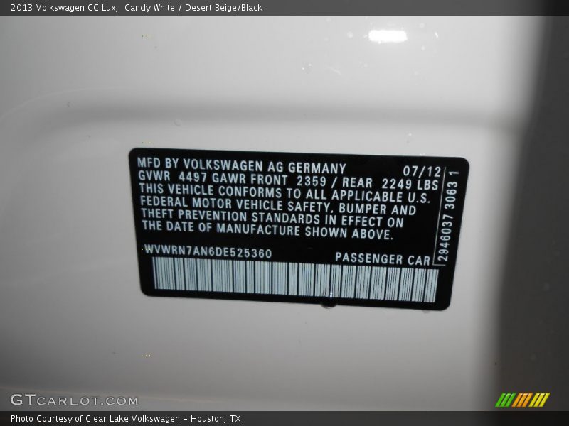 Candy White / Desert Beige/Black 2013 Volkswagen CC Lux
