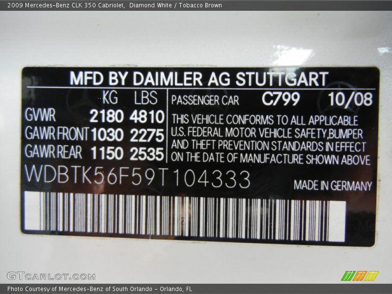 2009 CLK 350 Cabriolet Diamond White Color Code 799
