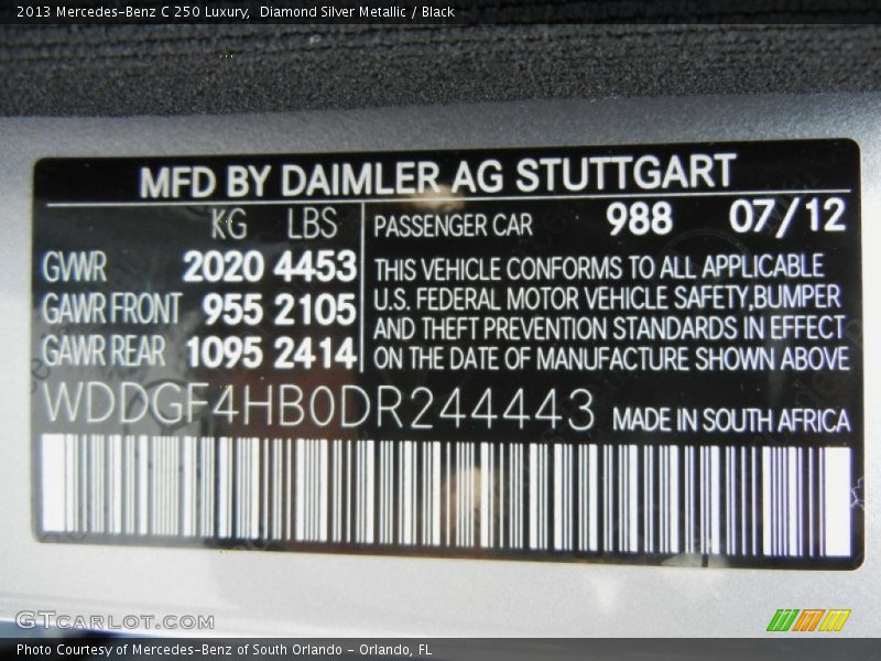 2013 C 250 Luxury Diamond Silver Metallic Color Code 988