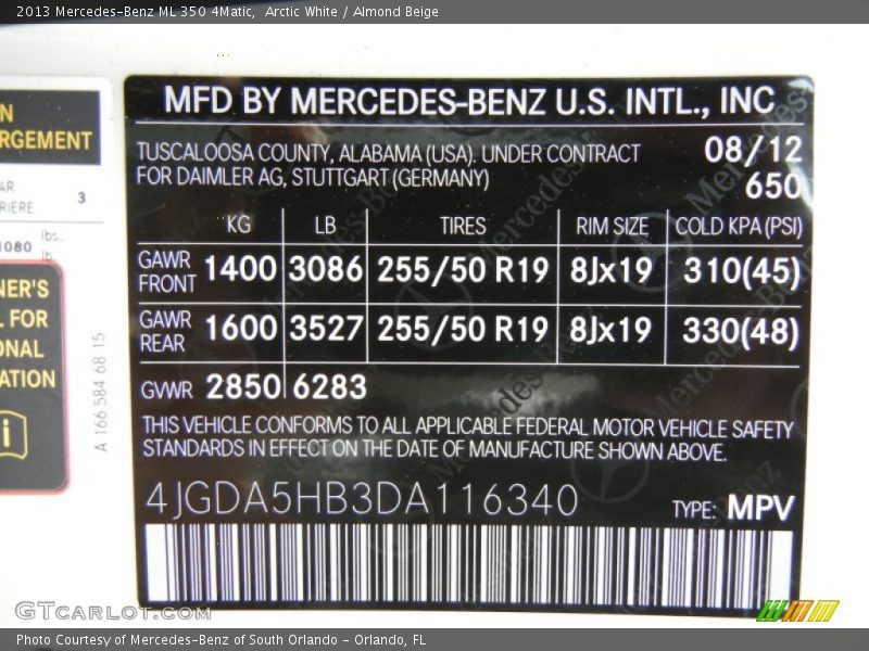 2013 ML 350 4Matic Arctic White Color Code 650