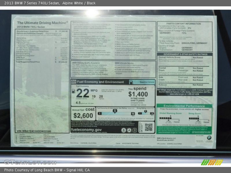  2013 7 Series 740Li Sedan Window Sticker