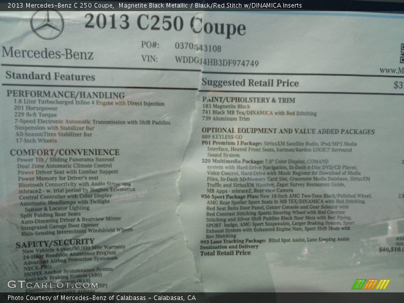  2013 C 250 Coupe Window Sticker