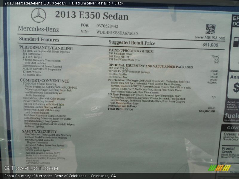 Palladium Silver Metallic / Black 2013 Mercedes-Benz E 350 Sedan