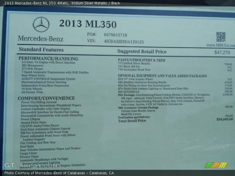  2013 ML 350 4Matic Window Sticker