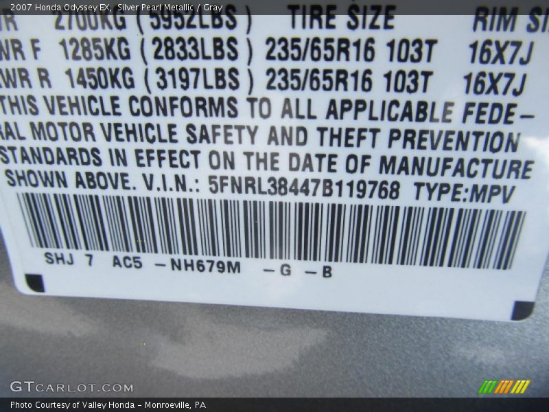 Silver Pearl Metallic / Gray 2007 Honda Odyssey EX