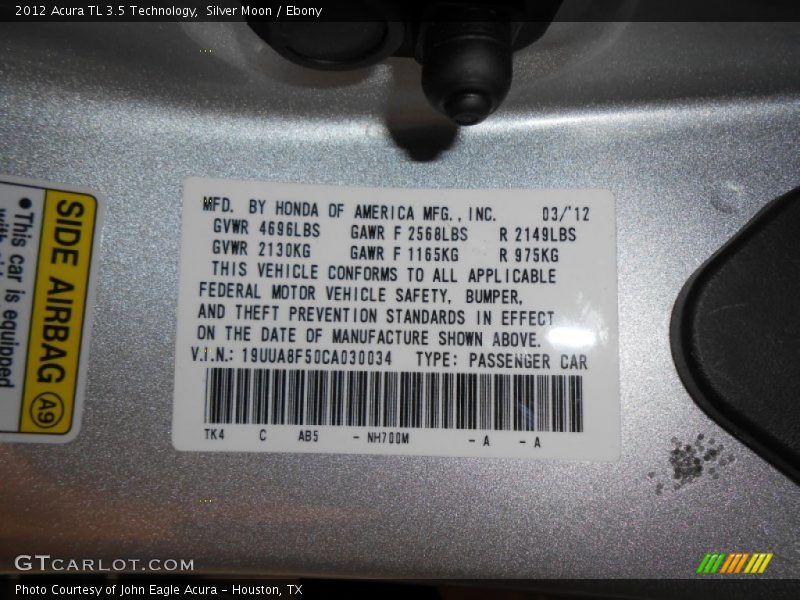 Silver Moon / Ebony 2012 Acura TL 3.5 Technology