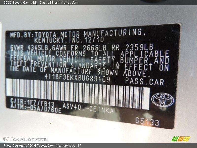 Classic Silver Metallic / Ash 2011 Toyota Camry LE
