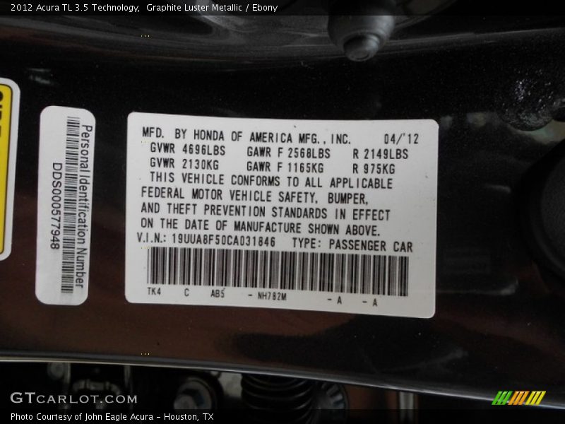 Graphite Luster Metallic / Ebony 2012 Acura TL 3.5 Technology