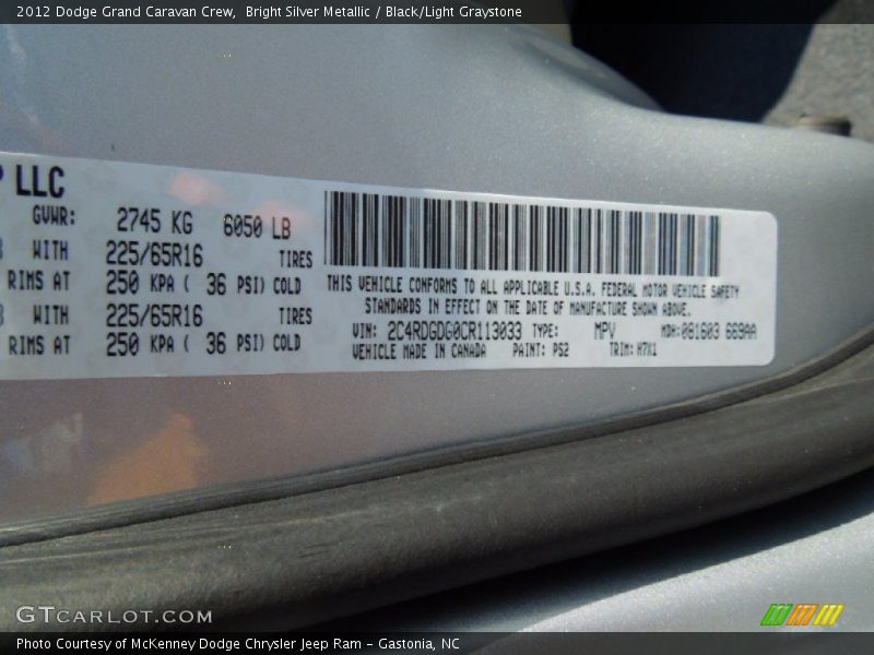 Bright Silver Metallic / Black/Light Graystone 2012 Dodge Grand Caravan Crew