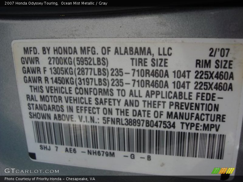 Ocean Mist Metallic / Gray 2007 Honda Odyssey Touring