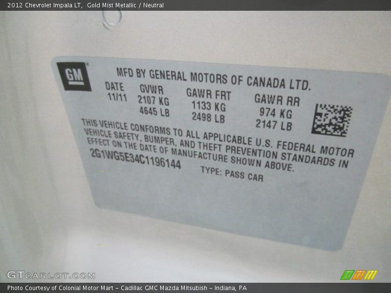 Gold Mist Metallic / Neutral 2012 Chevrolet Impala LT