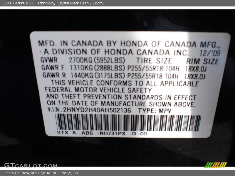 Crystal Black Pearl / Ebony 2010 Acura MDX Technology