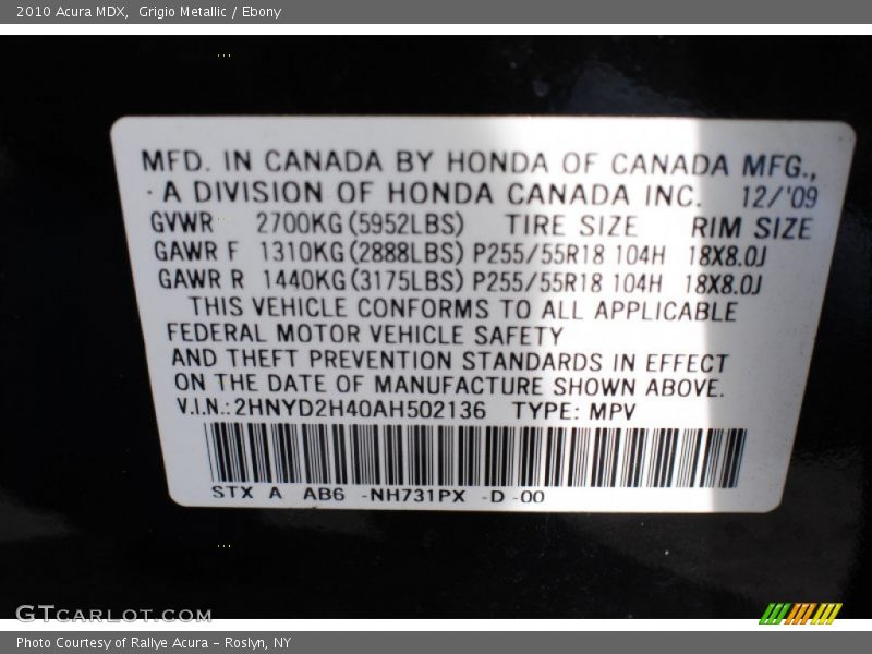 Grigio Metallic / Ebony 2010 Acura MDX